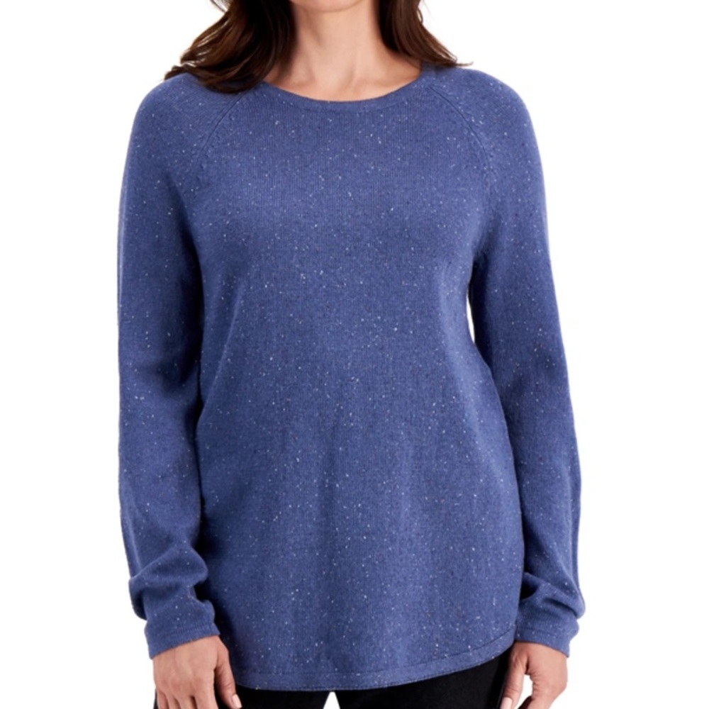 Karen Scott Small Curved Hem Sweater Heather Indigo Knit blue solid